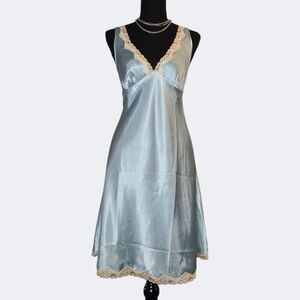 Victorias Secret Silky Baby Blue Satin Lace Trim Slip Dress 🩵